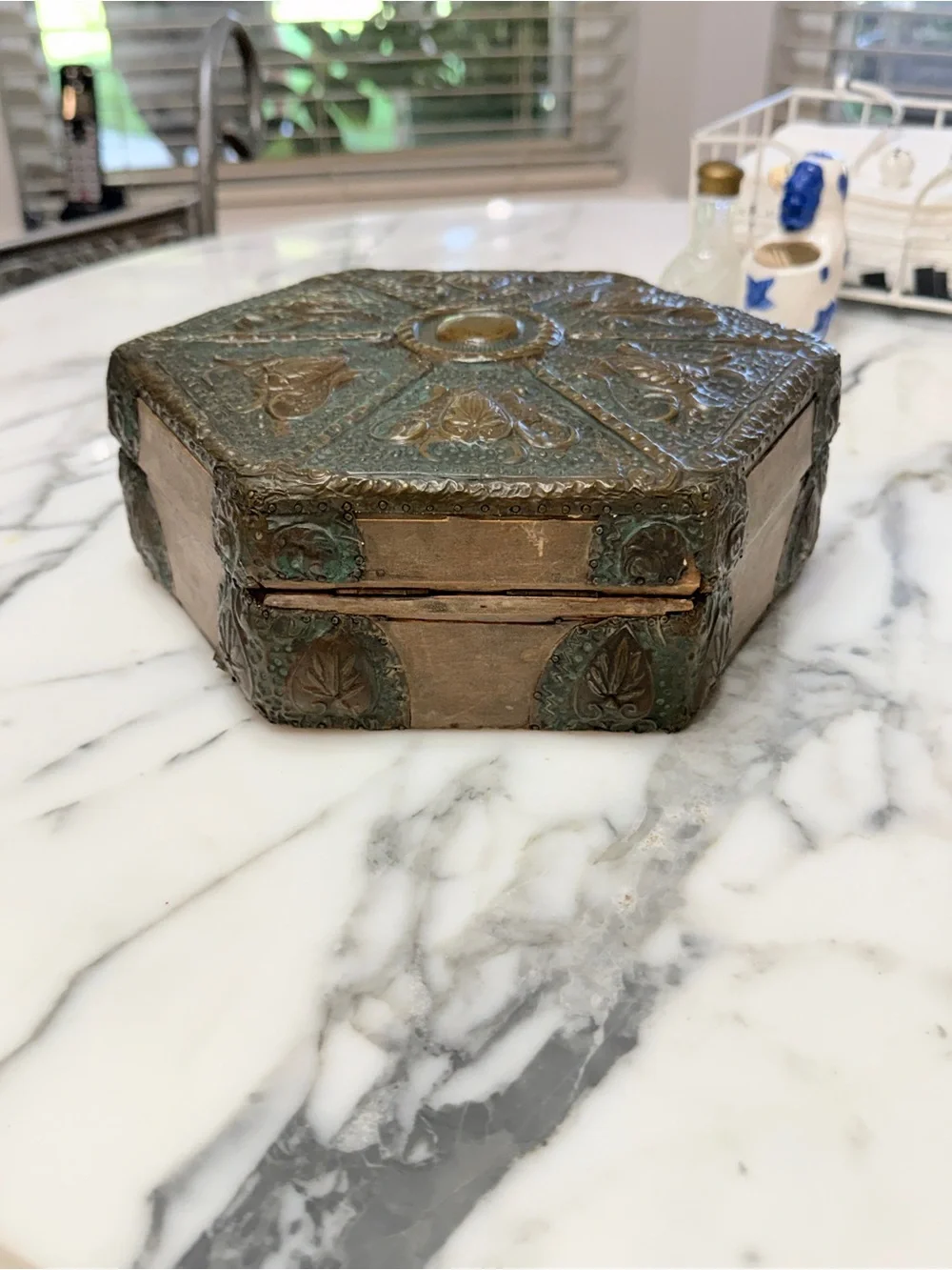 Antique Brass & Wood Ornate Hexagonal Decorative Trinket Box from Czech Republic